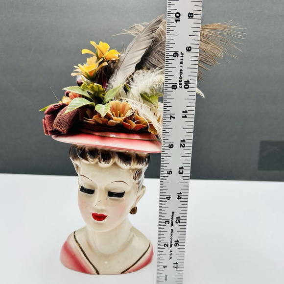 Vintage Nippon Yoko Boeki Lady 7” Head Vase Blond Floral Feather Top Ceramic - Picture 15 of 15